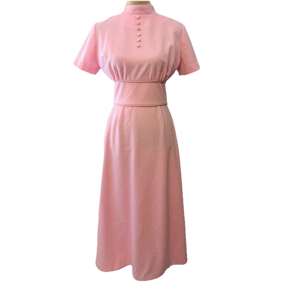 Vintage 70s Dress Baby Pink Empire Waist Midi Mod Floral Mock Neck Medium 1970